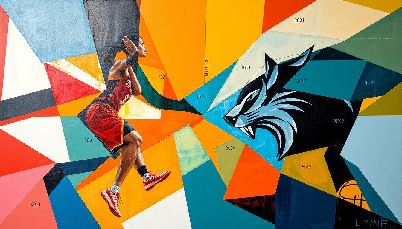 A cubist, geometric painting depicting a WNBA basketball game, with overlapping planes of bright orange, purple, and blue colors representing the dynamic action and energy of the players on the court.
