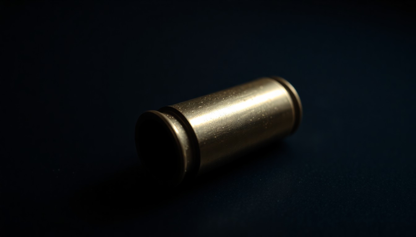 An extreme close-up photograph of a bullet casing on a dark surface, lit by a harsh, direct camera flash, conceptually illustrating the gritty aftermath of a road rage incident involving a firearm.