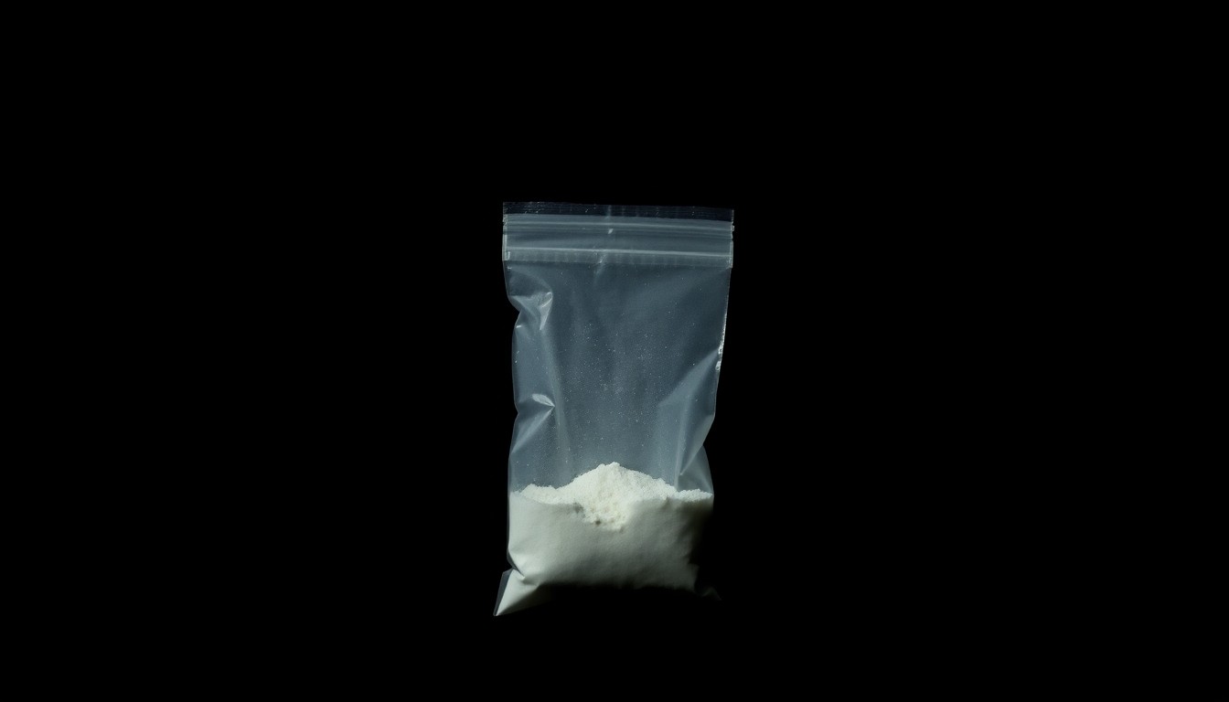 An extreme close-up of a small plastic bag containing a white powdery substance, reflecting the harsh lighting and creating a stark, gritty visual that conceptually represents the investigation into illicit drug dealing.