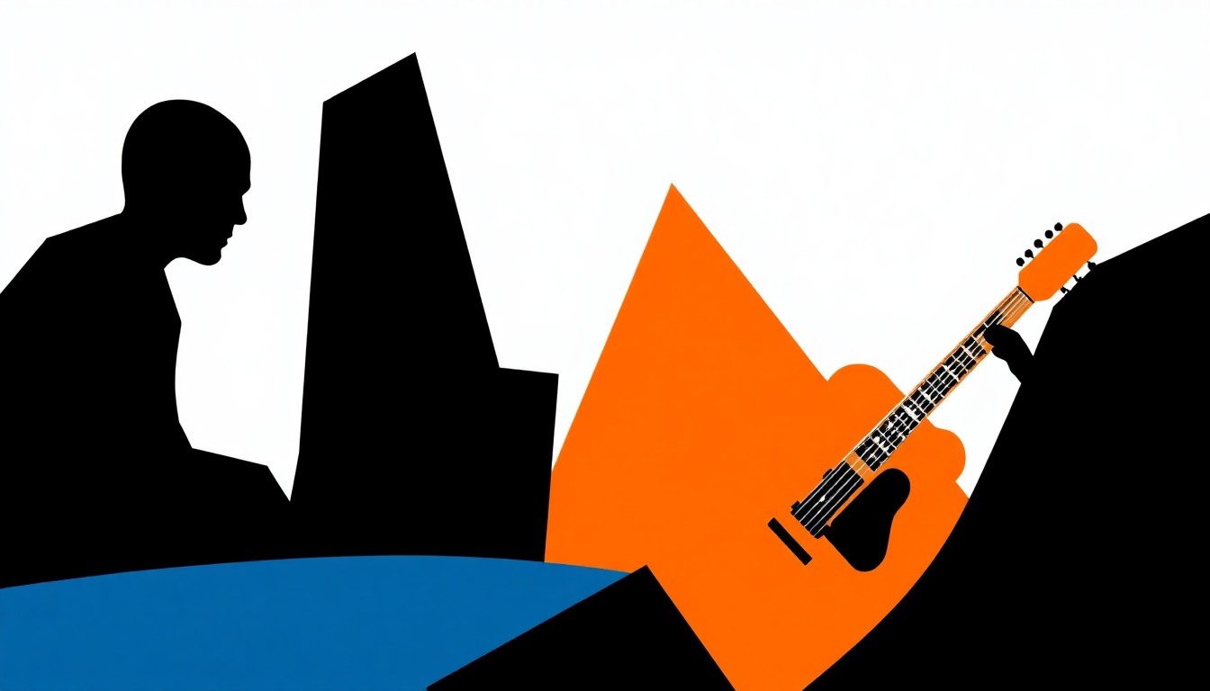 A striking abstract composition of jagged, overlapping geometric shapes in deep indigo and vibrant orange, conceptually representing the blending of musical styles featured in EnActe Arts' upcoming events.