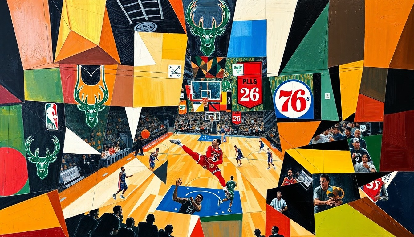 A fragmented, geometric painting depicting a basketball game, with sharp, overlapping planes of color and form representing the different motivations and strategies of the two teams.