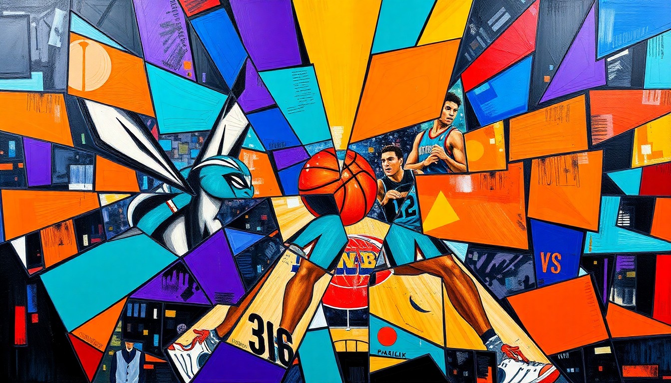 A cubist, geometric painting depicting a basketball game between the Charlotte Hornets and New York Knicks, with the players and court broken down into sharp, overlapping planes of vibrant teal, purple, orange, and blue colors.