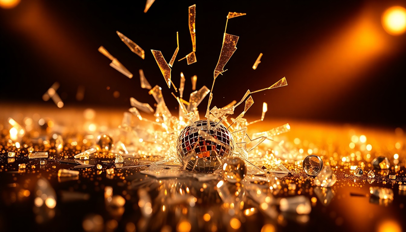 An extreme close-up of shattered glass reflecting dramatic studio lighting, conceptually representing the fragility of celebrity culture.