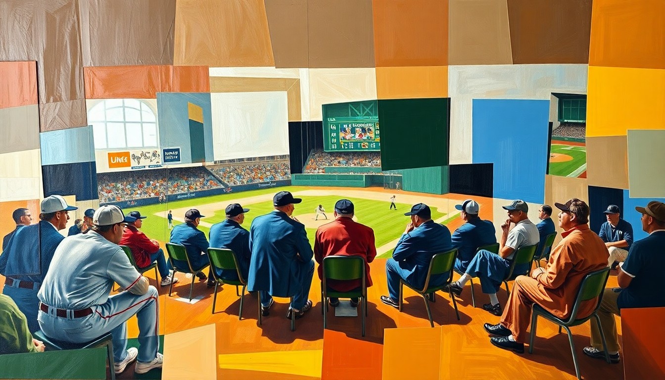 A cubist, geometric painting depicting fragmented, overlapping scenes of a baseball game and coaching staff meeting, capturing the strategic changes and new energy surrounding the Angels' coaching staff.