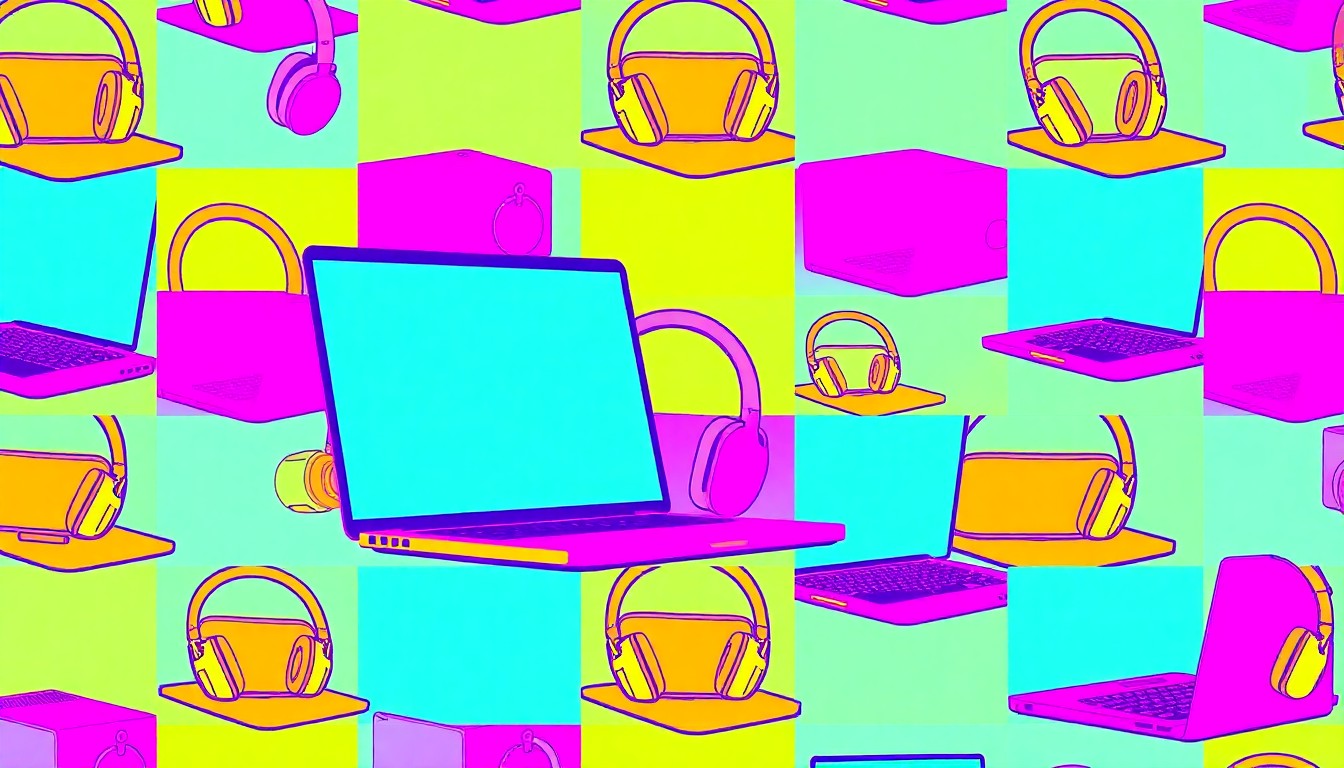 A brightly colored, high-contrast silkscreen print of a laptop repeated in a tight grid pattern, representing the rise of remote work and the cities competing to attract this mobile workforce.