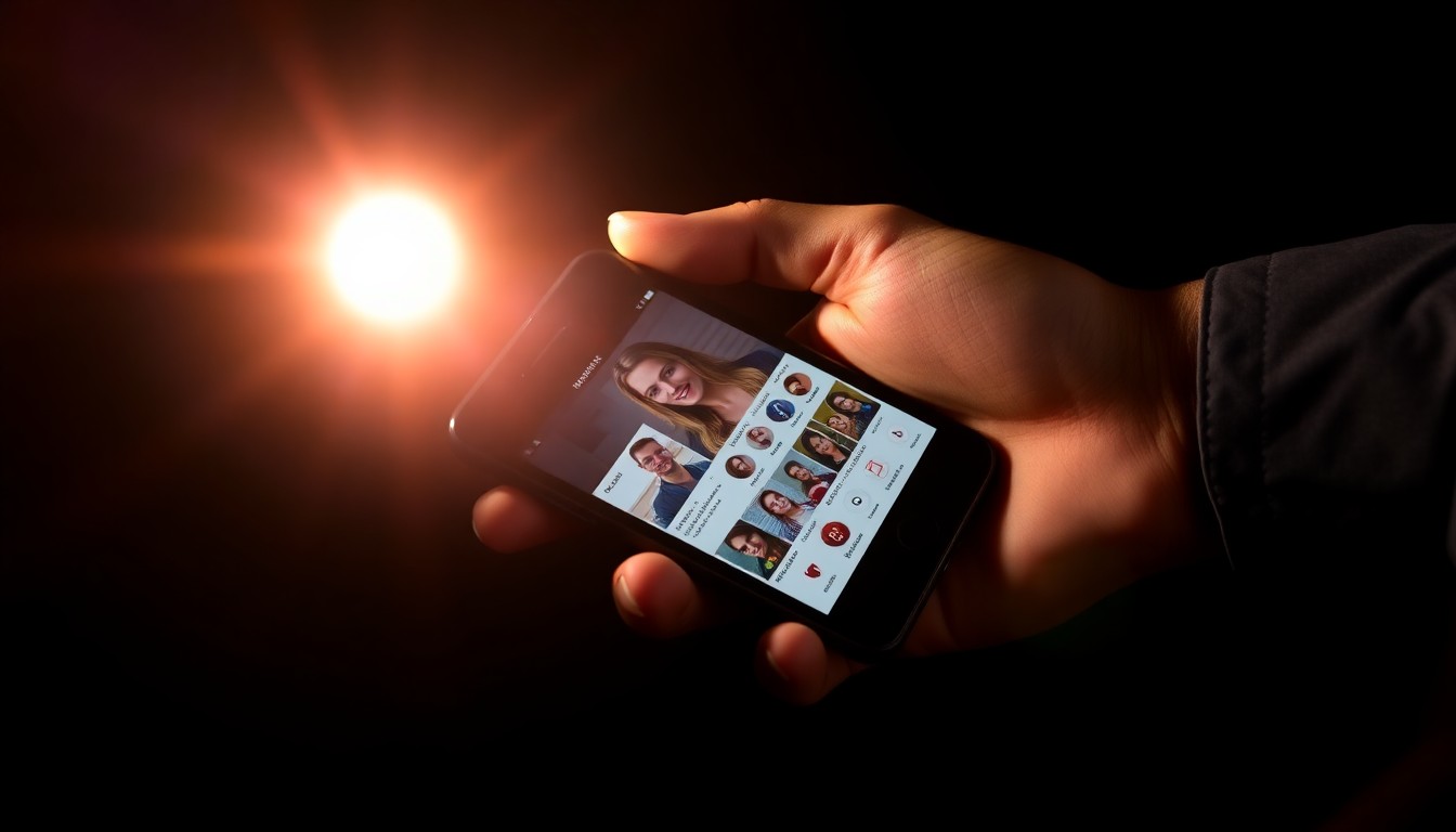 An extreme close-up photograph of a police officer's hand holding a smartphone, the screen illuminated by a harsh, direct camera flash against a pitch-black background, conceptually illustrating the deputy's alleged distraction during the armed standoff.