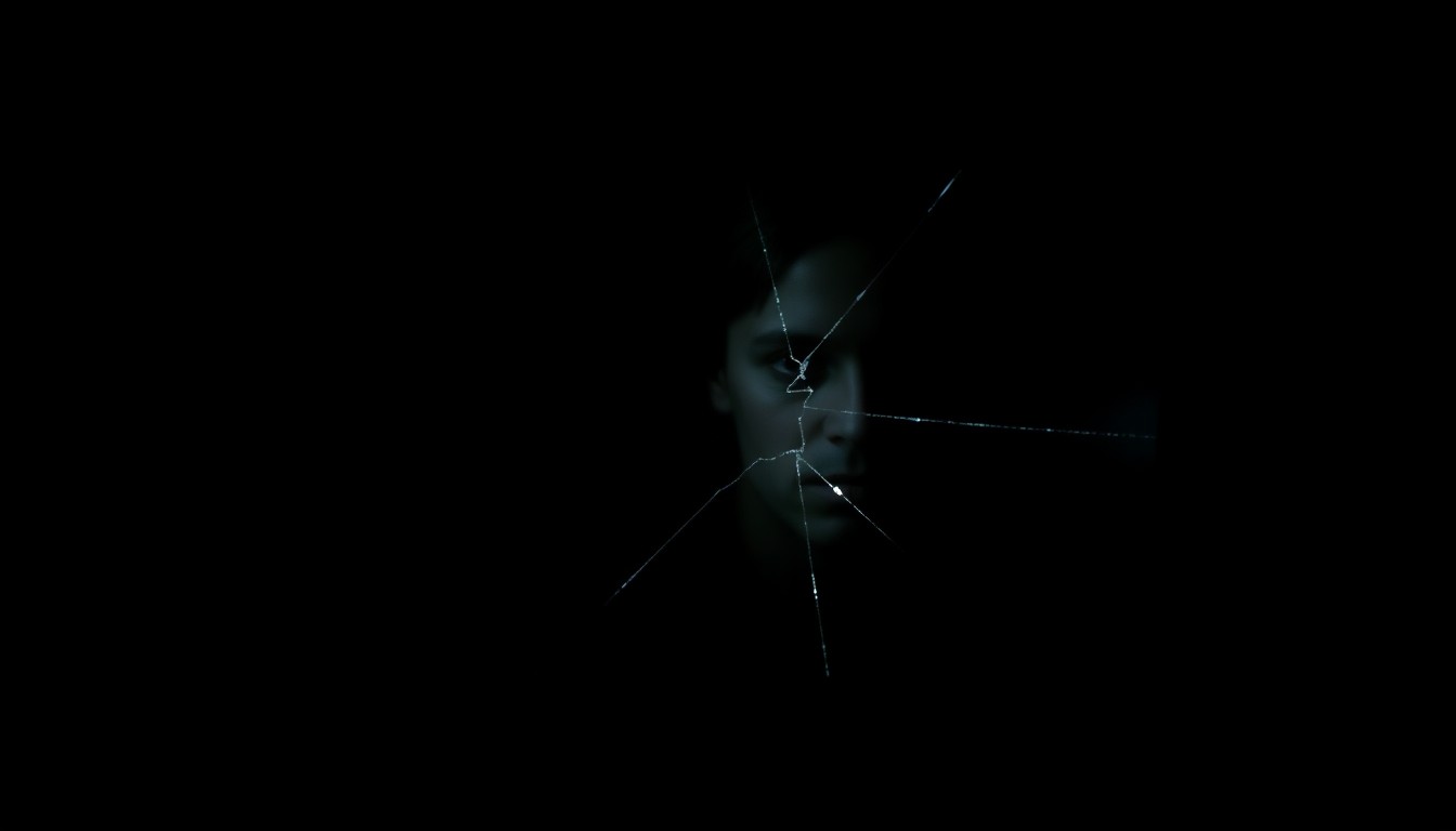 An extreme close-up photograph of a broken smartphone screen reflecting a faint, ghostly image of a person's face, shot with a harsh, direct camera flash against a pitch-black background, conceptually representing the threat of stalking and the violation of privacy.