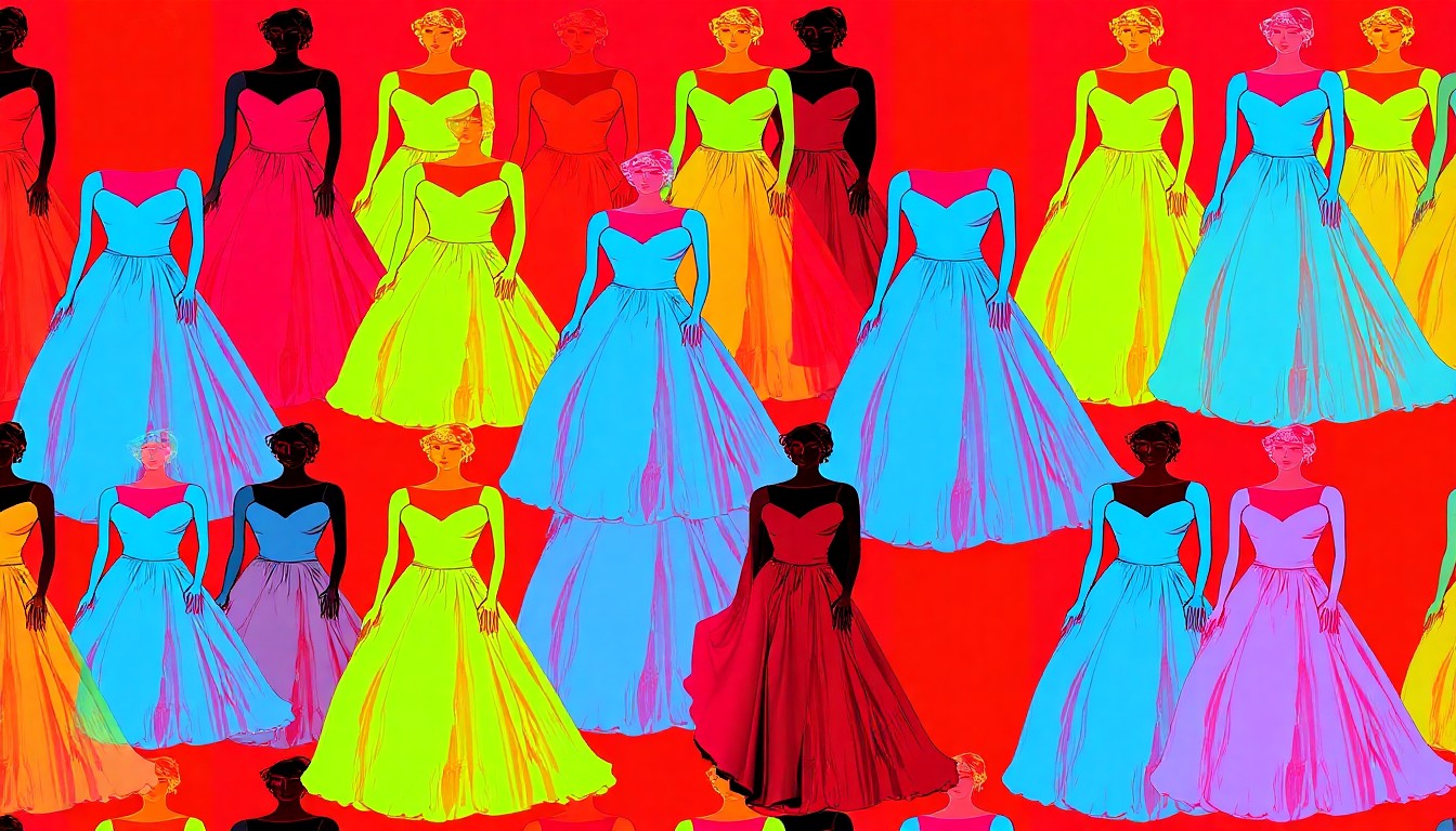 A vibrant, high-contrast silkscreen print featuring a repeated pattern of a single, iconic wedding dress design by fashion designer Christopher John Rogers, rendered in a bold, neon color palette with heavy black outlines in the style of pop artist Andy Warhol, conceptually representing the designer's unique, statement-making aesthetic.