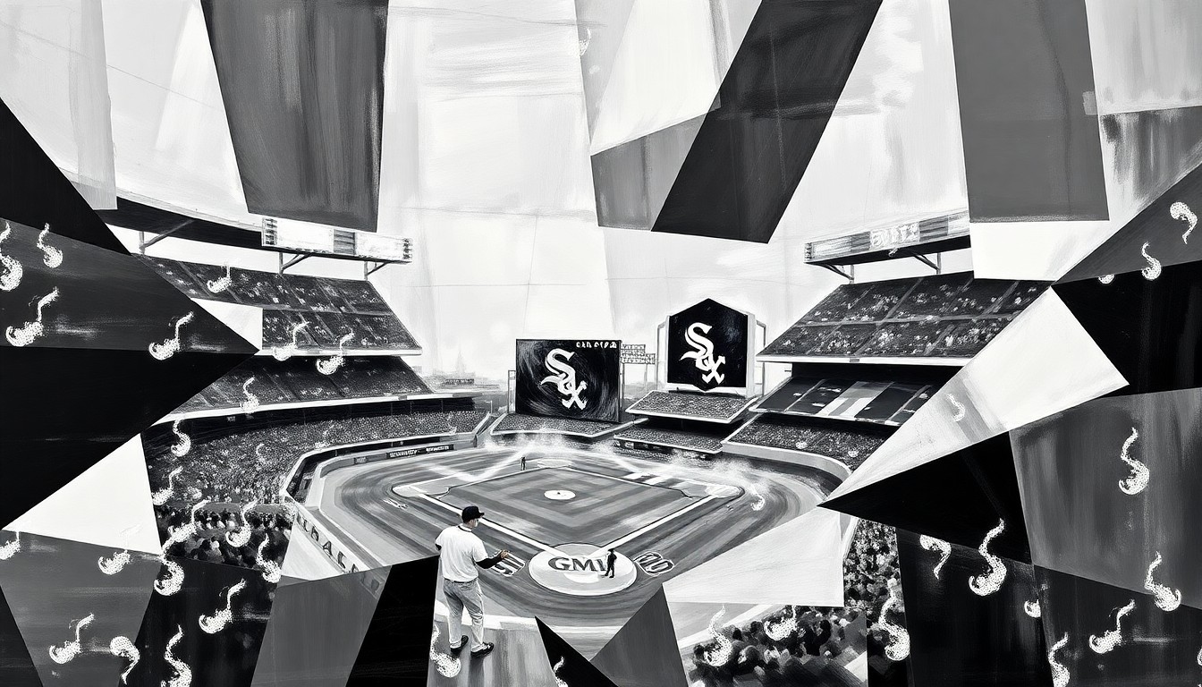 A cubist, geometric painting depicting a fragmented White Sox baseball game, with the team's colors of black, white, and silver used in sharp, overlapping shapes and planes.