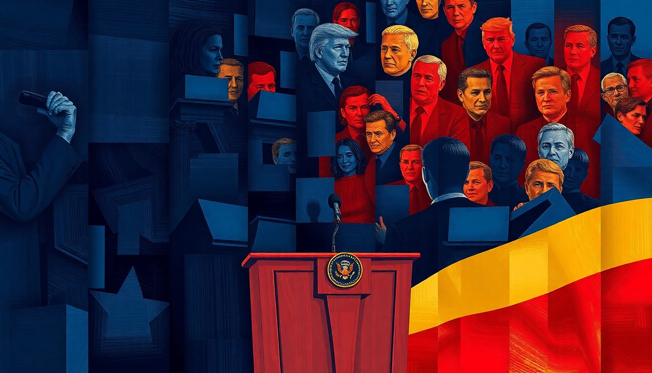A fractured, abstract painting of a podium with a microphone, repeated in overlapping geometric shapes and waves of dark blue, red, and gold, conveying the chaotic and divisive nature of modern American politics.
