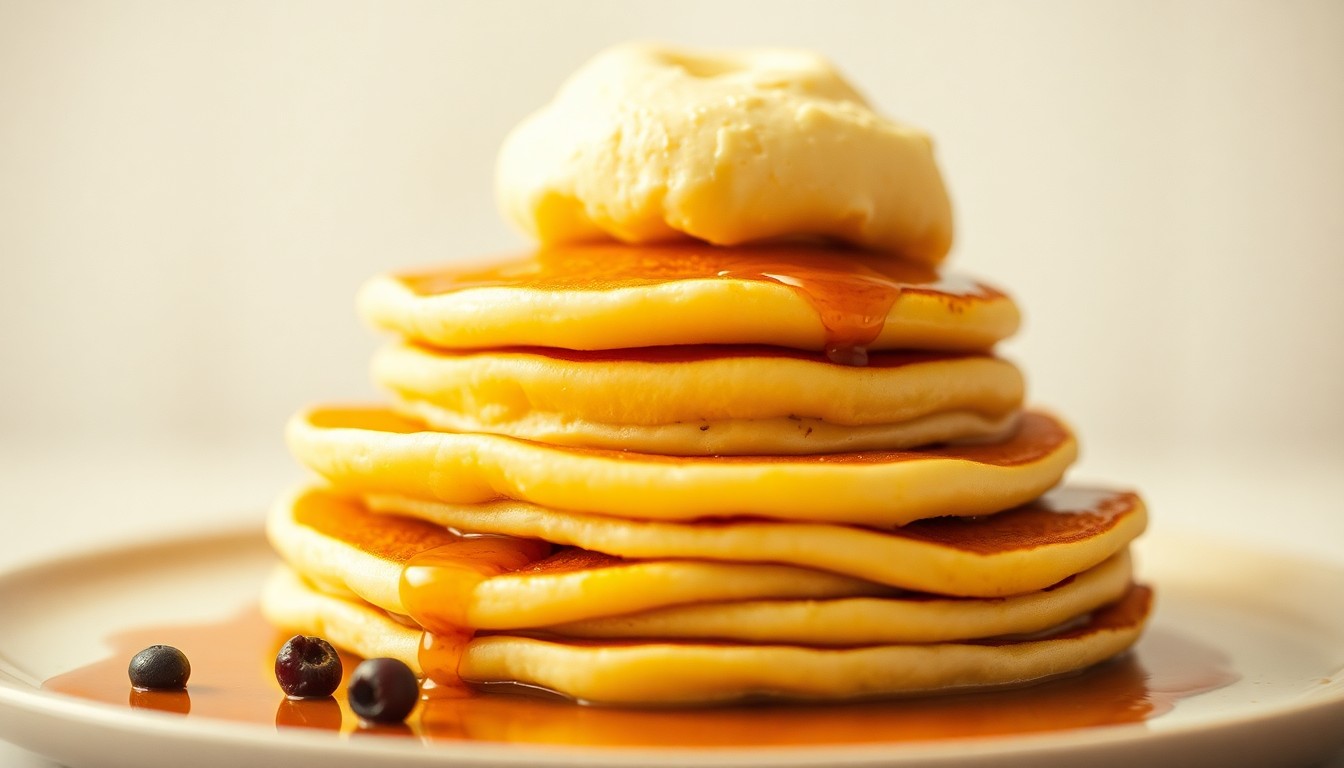 An abstract, out-of-focus photograph in warm, golden tones depicting a stack of fluffy, cloud-like pancakes, with a few scattered berries or a drizzle of syrup visible, conveying the light and delicate nature of the Japanese soufflé pancake trend.