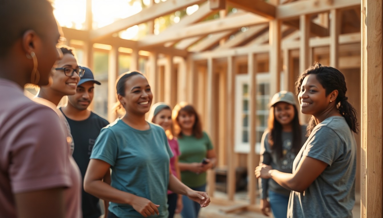 An abstract, out-of-focus photograph showing the blurred silhouettes of people working together to construct the frame of a new home, with soft, warm pools of light and color creating a sense of community and optimism.