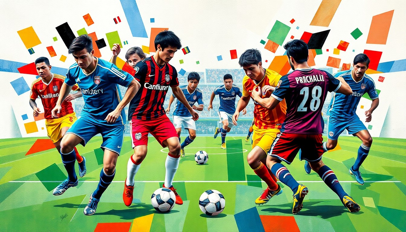 A fragmented, geometric painting in bold colors depicting the action and energy of a soccer match between two professional teams.