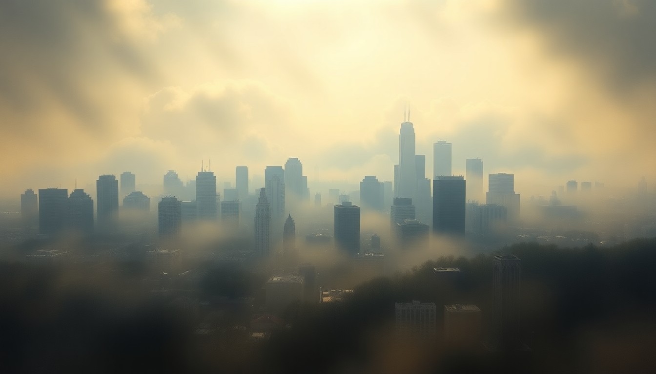 A vast, atmospheric landscape painting depicting the Philadelphia skyline shrouded in thick fog, with the city's landmarks barely visible and dwarfed by the overwhelming scale of the natural world.
