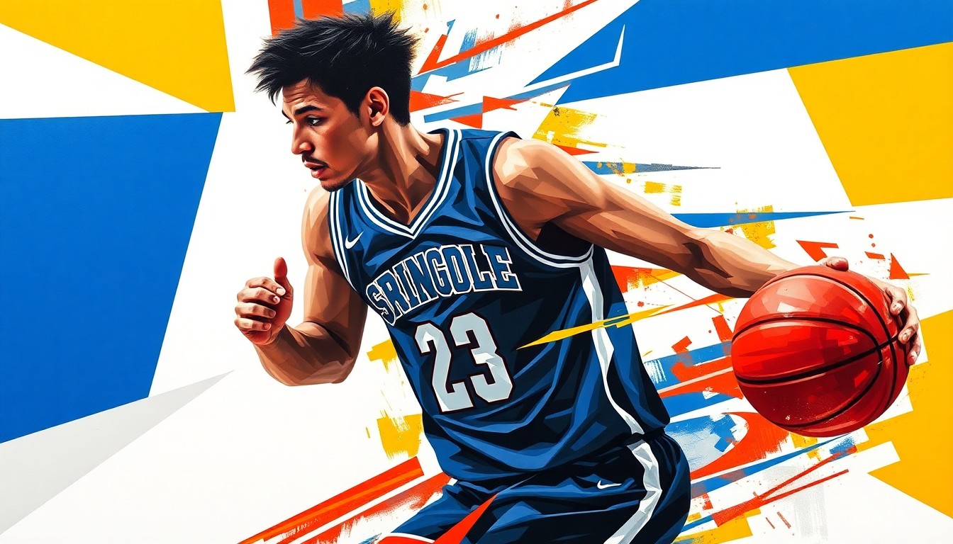 A fragmented, geometric painting depicting the motion and energy of a high school basketball player, with their jersey number partially visible but their face obscured, rendered in the bold colors of the Springdale Har-Ber Wildcats.