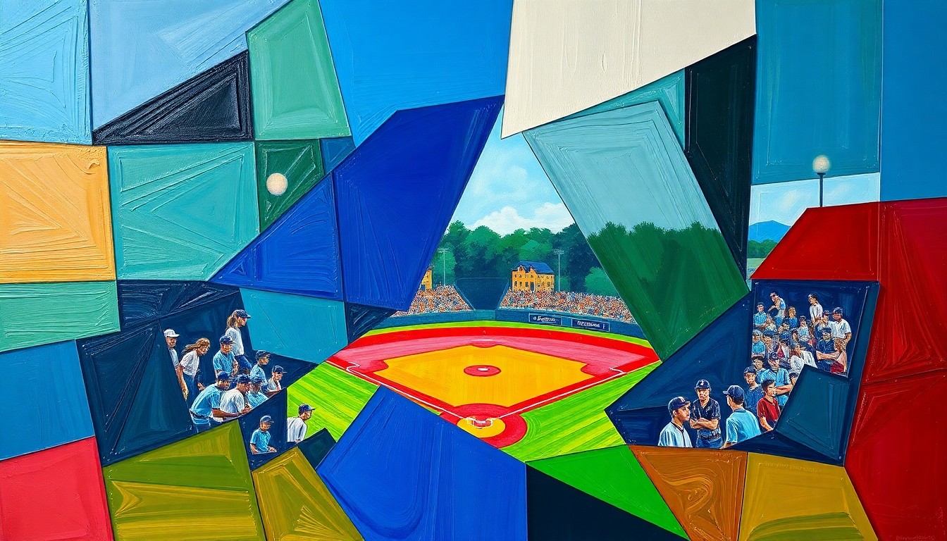 A cubist-style painting depicting a high school baseball game, with the players and field broken down into sharp, overlapping geometric shapes in vibrant colors, conveying the energy and potential of Lockwood's young roster.
