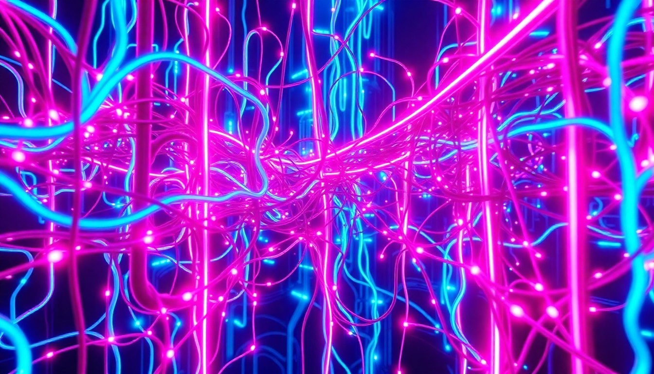 A highly detailed, glowing 3D illustration of a complex network of interconnected digital infrastructure, with neon cyan and magenta lights pulsing through cables and circuits, conceptually representing the scale and complexity of the digital ecosystem that EU citizens are increasingly distrustful of.