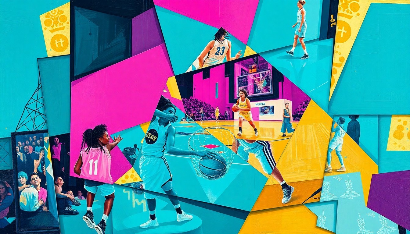 A fragmented, cubist-style painting depicting the dynamic movements and energy of a women's basketball game, with sharp geometric shapes and vibrant colors representing the fast-paced action on the court.