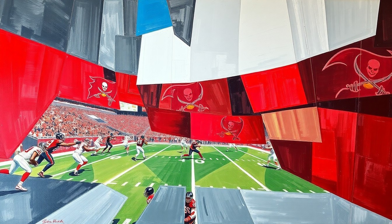 A fragmented, cubist-style painting depicting a football game, with the players and field broken down into sharp, overlapping geometric shapes in the Buccaneers' team colors of red, pewter, and white, conveying the dynamic and strategic nature of the team's draft plans.
