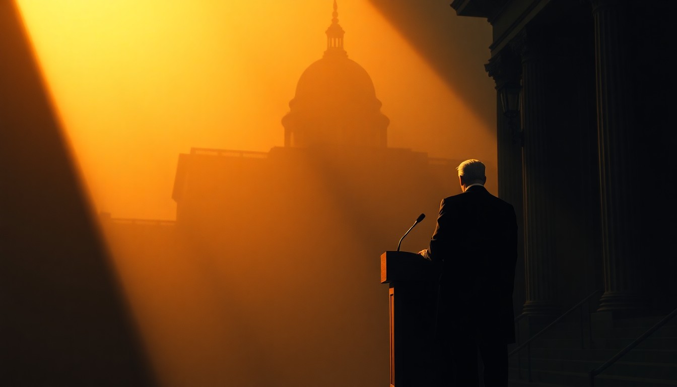 A dimly lit, cinematic painting of an empty government building or podium, with warm light streaming in through the windows and deep shadows obscuring the details, conveying a sense of political tension and unease.