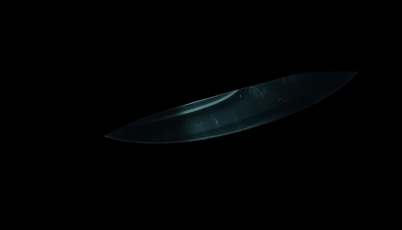 An extreme close-up photograph of a single knife blade against a pitch-black background, lit by a harsh, direct camera flash, creating a stark, gritty, investigative aesthetic.