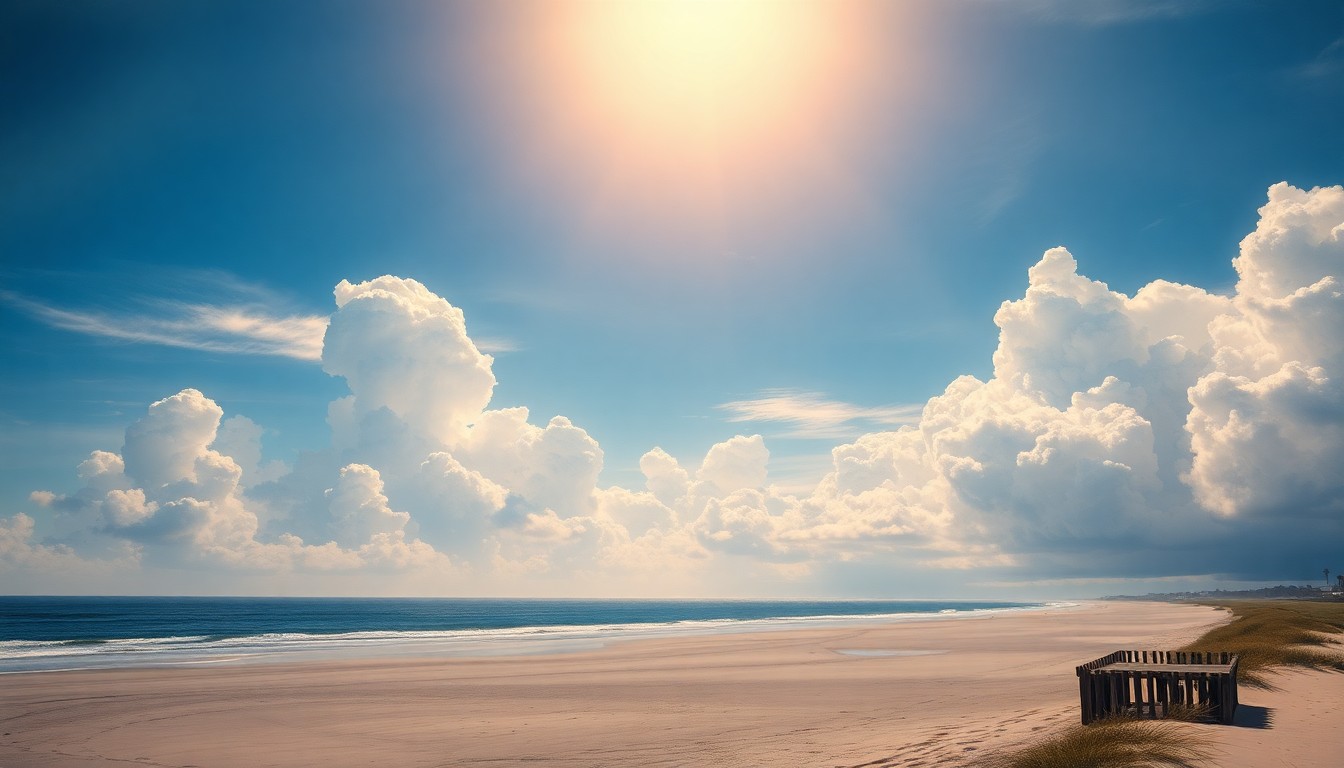 A sweeping, atmospheric landscape painting depicting the sunny skies and warm temperatures over the beaches of Daytona Beach, Florida, with the sandy shores and ocean horizon dwarfed by the overwhelming scale of the sky.