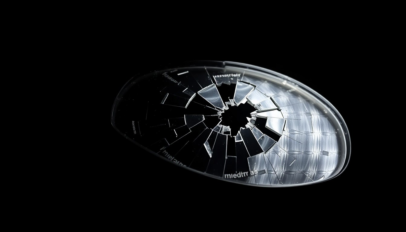 An extreme close-up photograph of a shattered motorcycle mirror or turn signal lens, capturing the gritty aftermath of a fatal collision in stark, dramatic lighting.