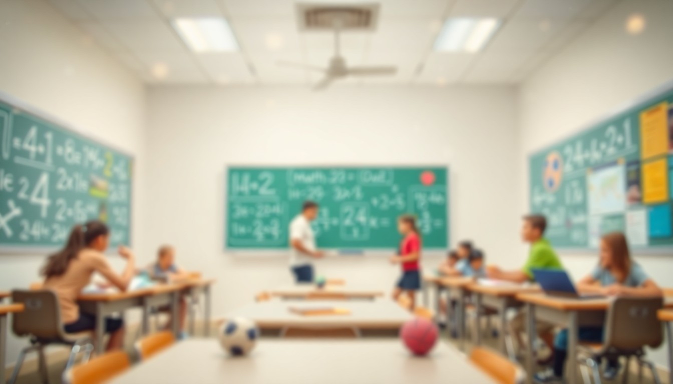 An abstract, out-of-focus photograph depicting a classroom setting with blurred shapes and colors representing math equations, sports equipment, and engaged students, conveying a sense of playfulness and learning.