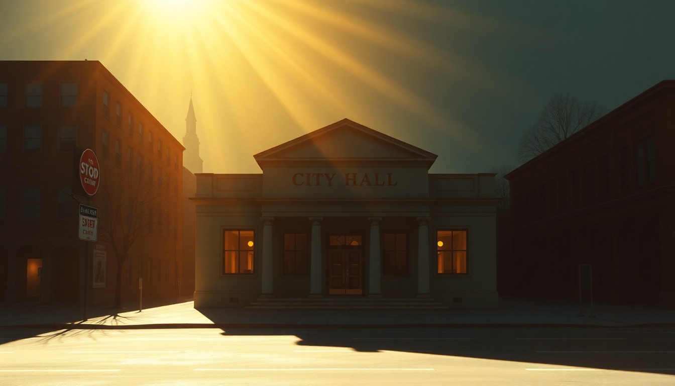 A serene, nostalgic painting of a government building in warm, golden light, capturing the quiet importance of the city's planning decisions.