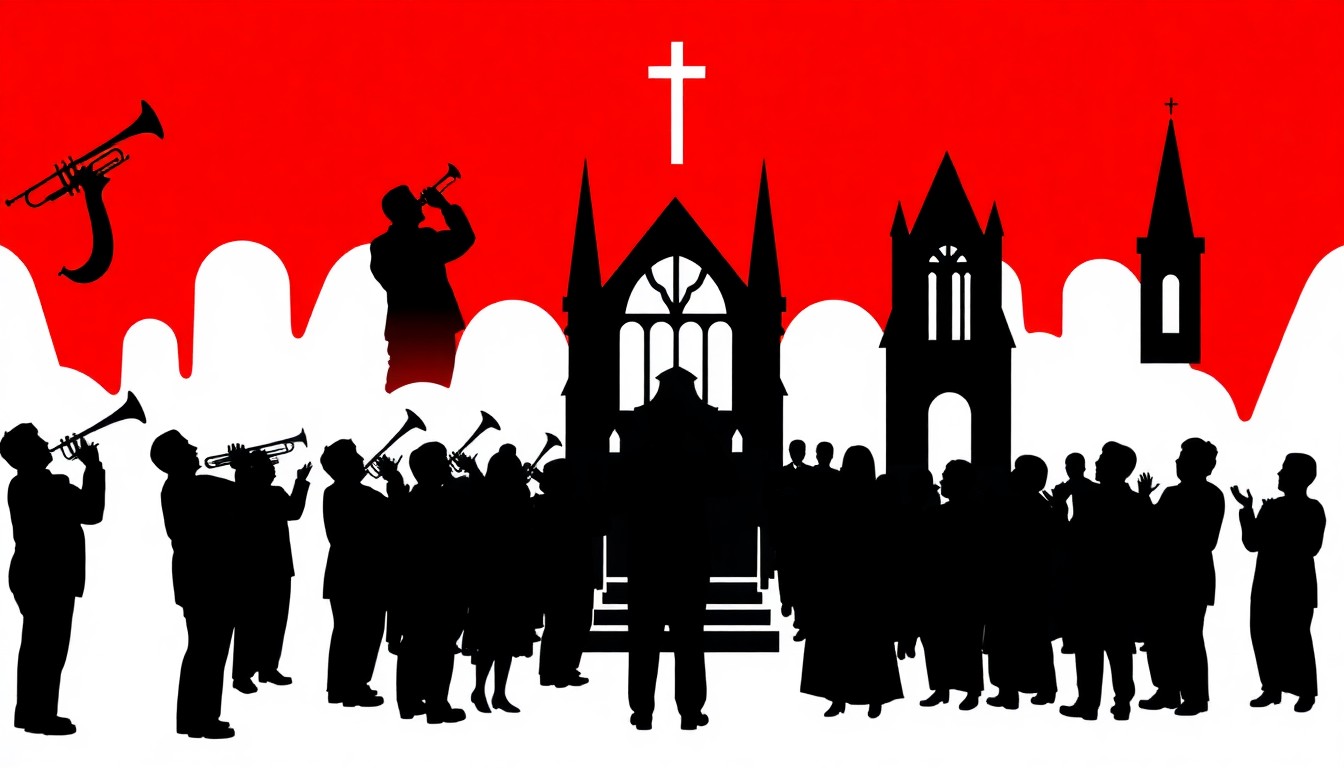 A striking abstract illustration featuring bold black silhouettes of musical instruments and church architecture against a bright red background, capturing the energy and spirit of the GospelSHOUT! concert in Charlotte.