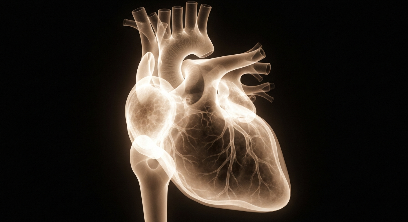 A ghostly, translucent X-ray photograph revealing the intricate structure of a human heart glowing against a dark background, symbolizing the medical challenges and triumph of Victoria Thomas' story.