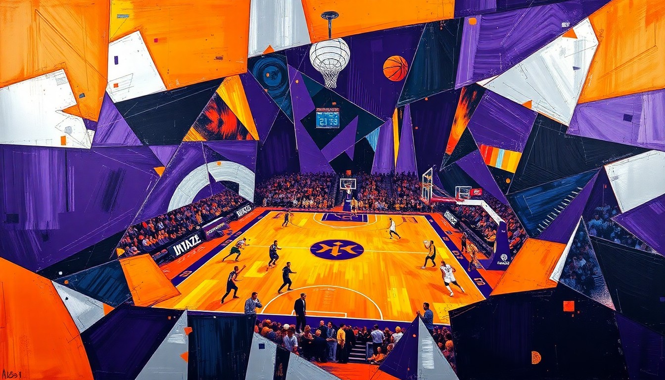 A cubist, geometric painting depicting a basketball game in motion, with players and the court fragmented into sharp, overlapping shapes in shades of purple, orange, and silver.