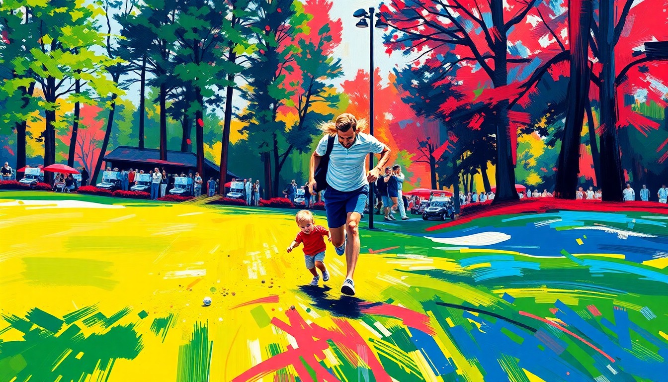An abstract, energetic painting in neon colors depicting the fast-paced movement of a parent chasing after a toddler on a golf course, conveying the challenges and excitement of attending the Masters with young kids.