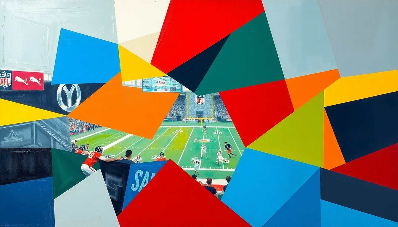 A fractured, geometric painting depicting the dynamic energy and strategic maneuvering of college football recruiting, with vibrant colors and sharp, overlapping shapes representing the various elements at play.