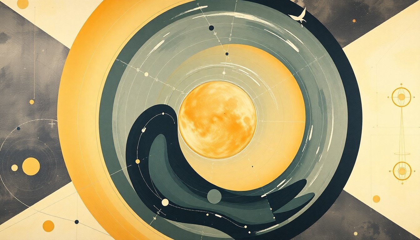 A highly structured abstract painting in soft, earthy tones of ochre, sage, and indigo, featuring sweeping geometric arcs, concentric planetary circles, and precise botanical spirals, conceptually representing the complex scientific forces and breakthroughs behind the Artemis II mission to the moon.