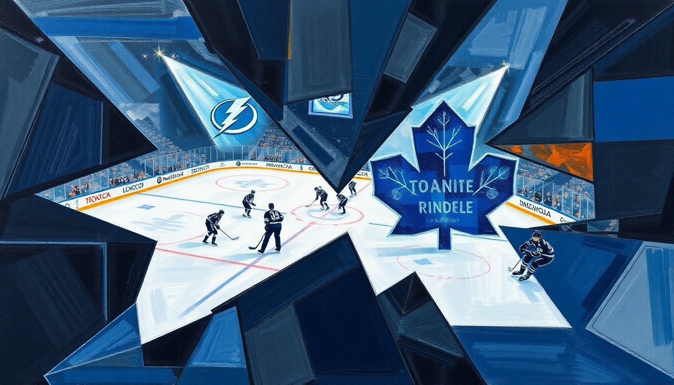 A fractured, multi-perspective painting depicting a hockey game, with sharp geometric shapes and planes of color representing the players, the puck, and the energy of the match, without any recognizable faces or logos.