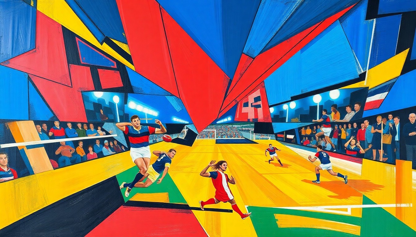 A cubist, fragmented painting depicting a rugby league match or competition, with sharp geometric shapes in vibrant colors like blue, red, and yellow, conveying the dynamic energy and strategic considerations surrounding Hull FC's potential involvement in the Las Vegas event.