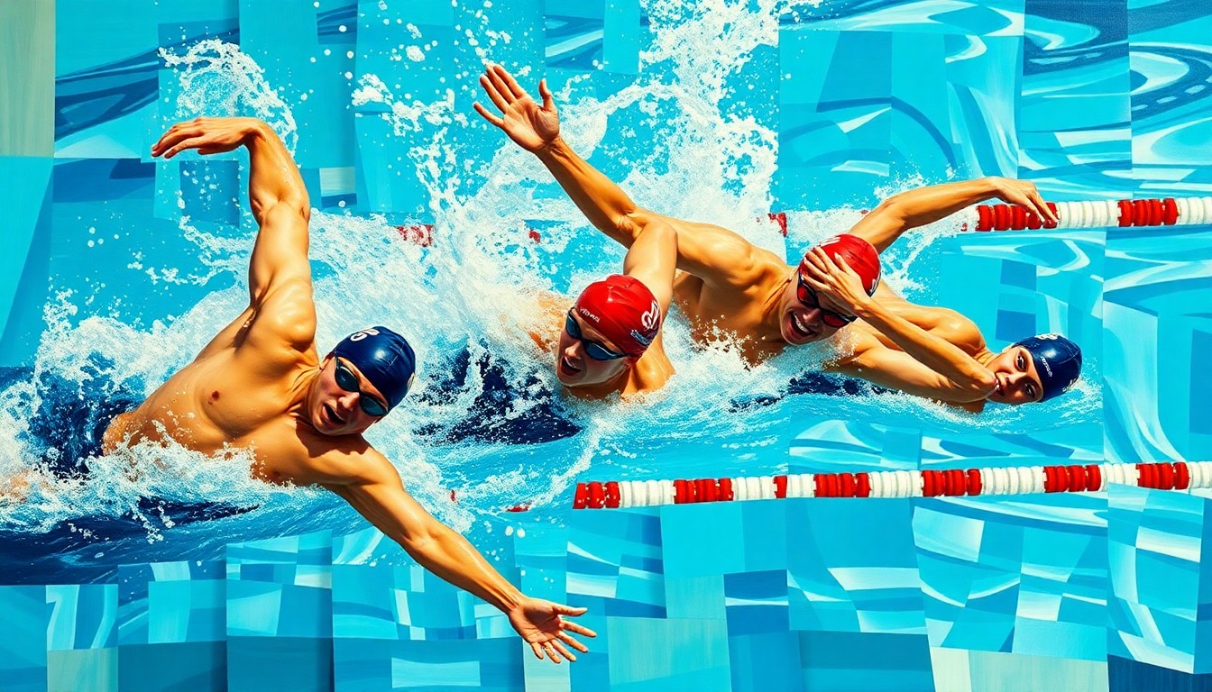 A fragmented, geometric painting depicting the dynamic movements and energy of swimmers competing in a swimming competition, with the key performers highlighted through the overlapping planes and abstract forms.