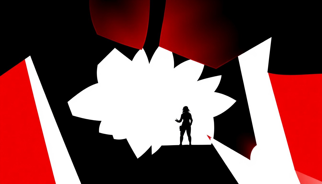 A bold, abstract composition featuring stark, jagged geometric shapes in high-contrast red and white, conceptually representing Felicia Day's rebellion against traditional narratives and her reclaiming of space for marginalized stories.