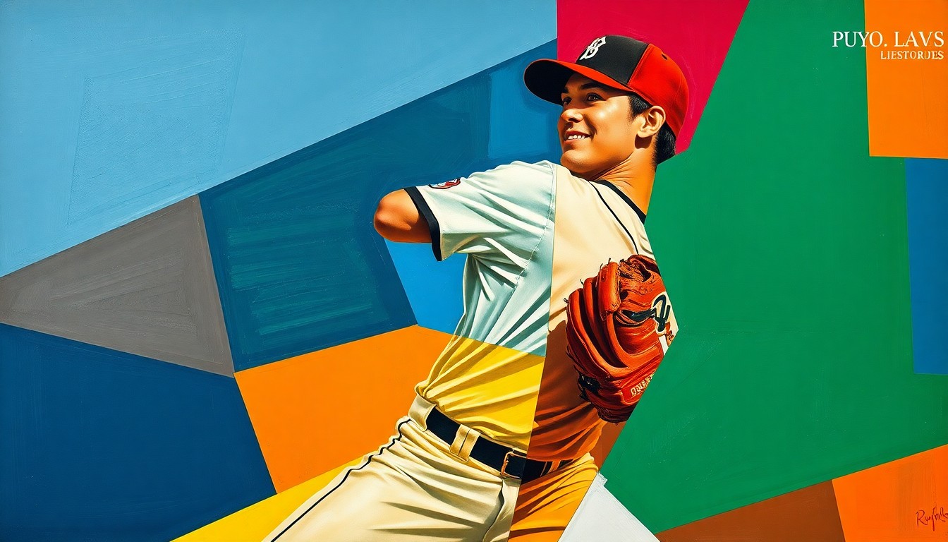 A fragmented, cubist-style painting depicting the motion of a baseball pitcher's windup and delivery, with sharp geometric shapes and planes in a vibrant color palette representing the potential impact of Drew Smith's signing with the Nationals.