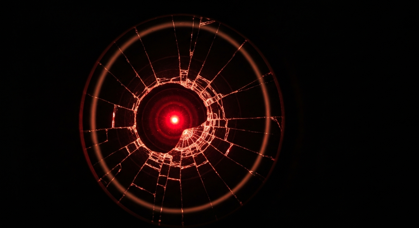 An extreme close-up of a shattered car sensor lens reflecting a faint red light, conceptually illustrating the vandalism of self-driving cars.