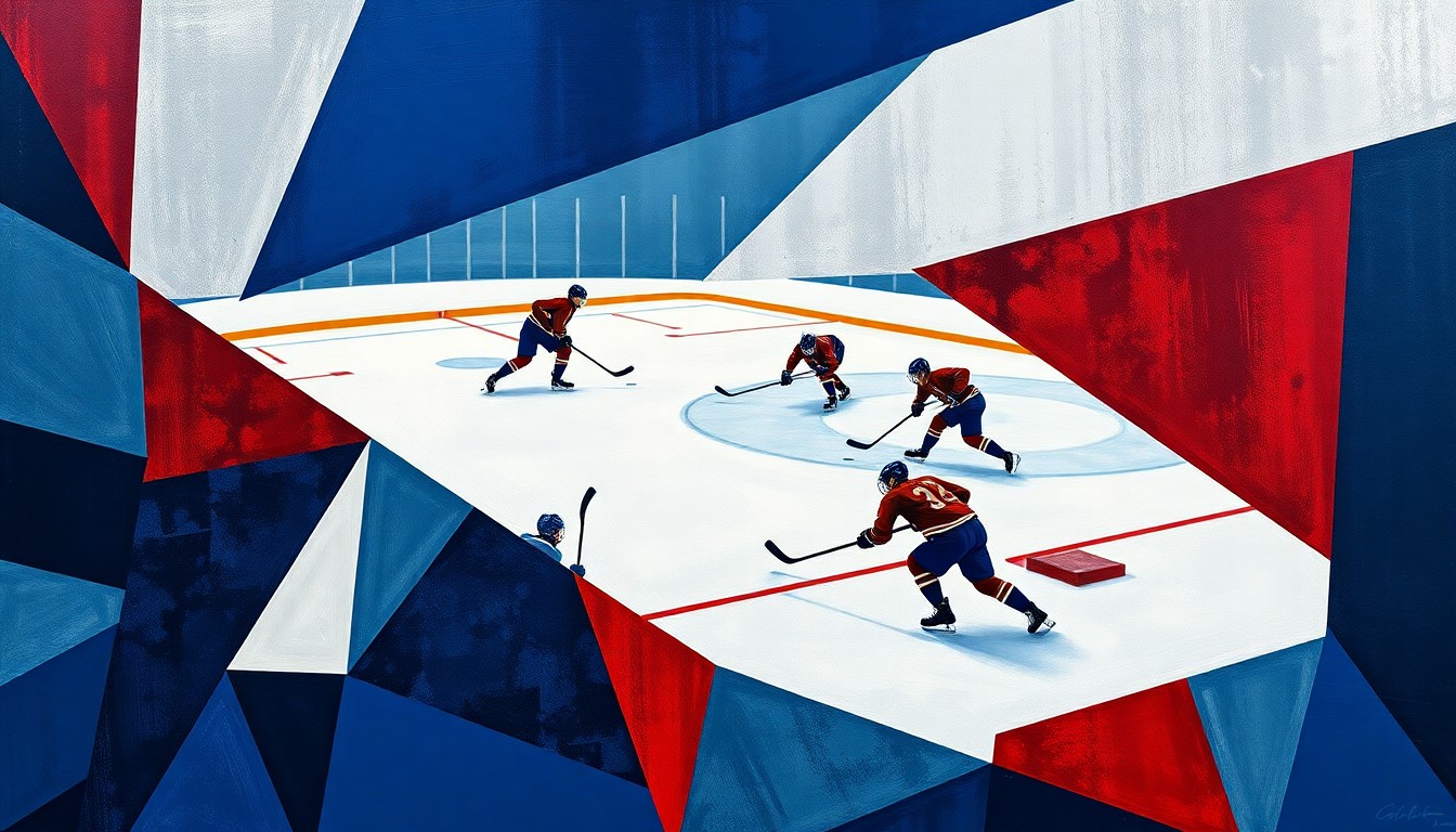 A fractured, cubist-style painting depicting a hockey game, with the players and ice reduced to sharp, overlapping geometric shapes in a vibrant color palette, conveying the intensity and dynamism of the Flyers' victory over the Jets.