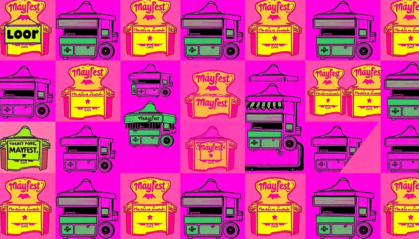 A brightly colored, high-contrast silkscreen print of a colorful Mayfest festival banner repeated in a tight grid pattern, creating a modern pop art representation of the event's essential elements.