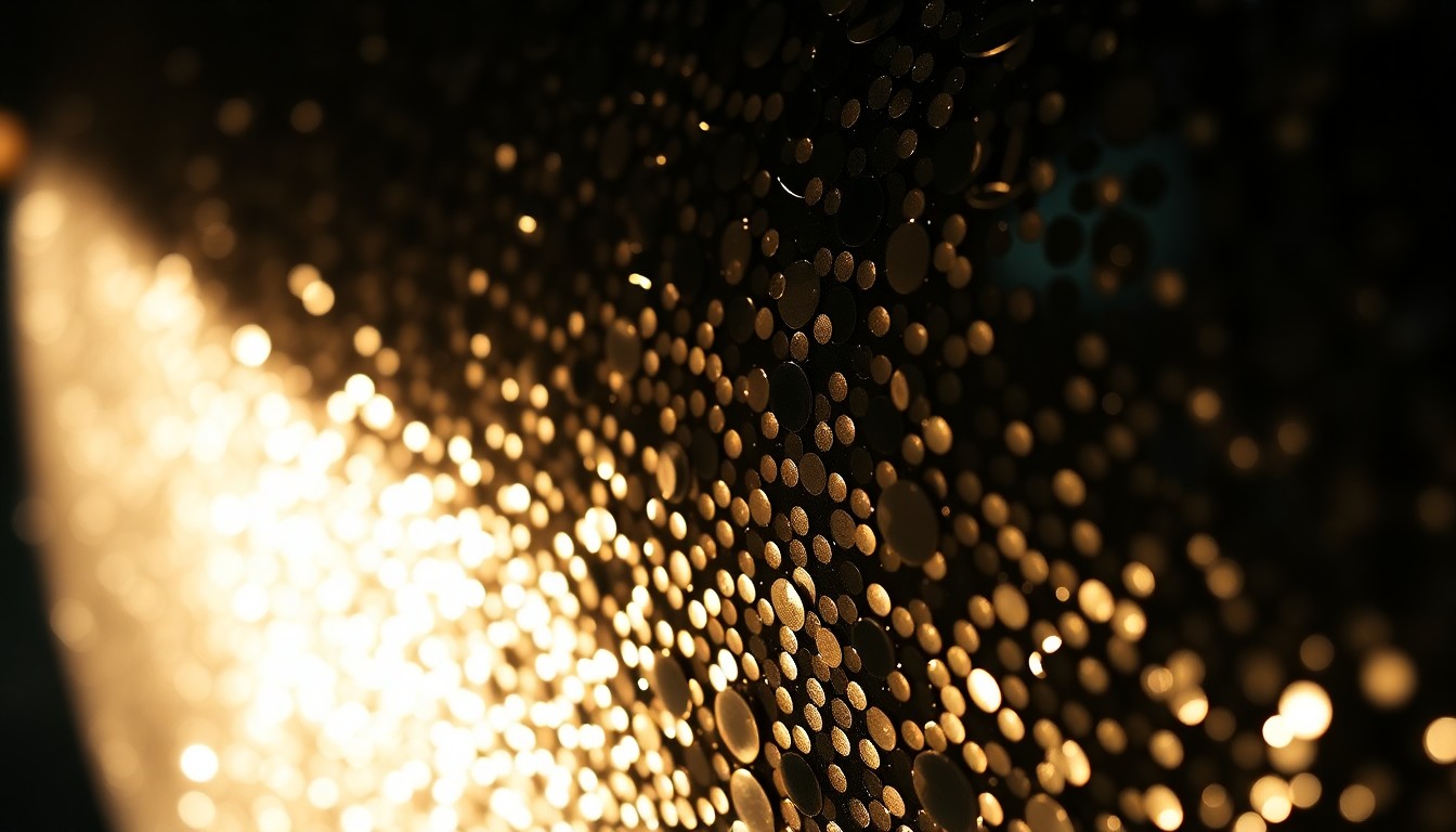An extreme close-up photograph of shimmering, high-contrast sequins under dramatic studio lighting, evoking the glamour and high-stakes tension of a prestige TV thriller.