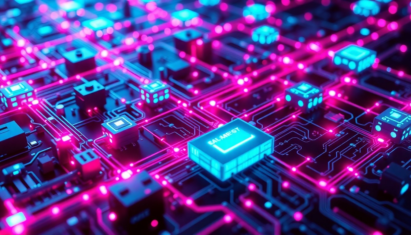 A highly detailed, 3D illustration of a complex network of interconnected cybersecurity infrastructure, with various components illuminated by vibrant neon lights in shades of cyan and magenta. The image conveys a sense of the scale and complexity of modern digital systems, as well as the potential vulnerabilities that could be exploited by autonomous AI-driven attacks.