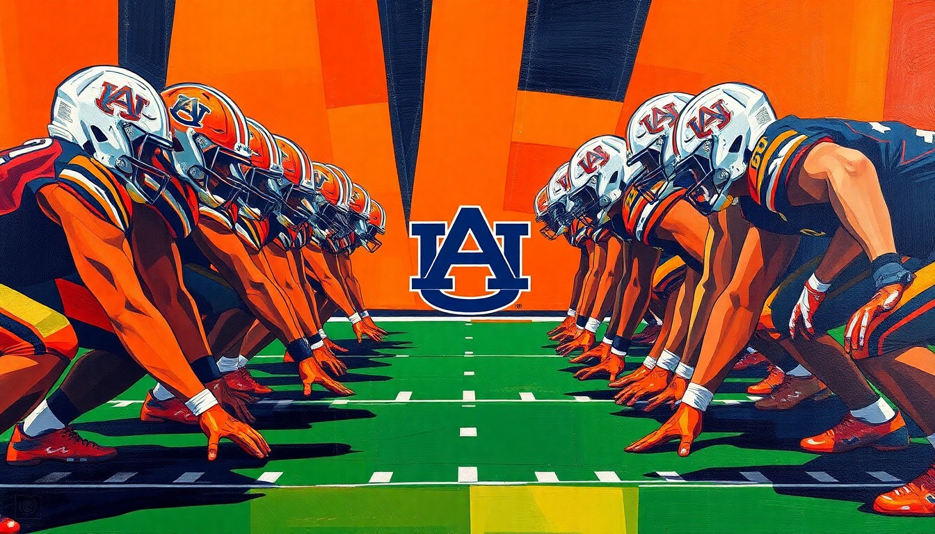 A fragmented, geometric painting in shades of orange and blue, depicting the overlapping movements and perspectives of an offensive line in action.