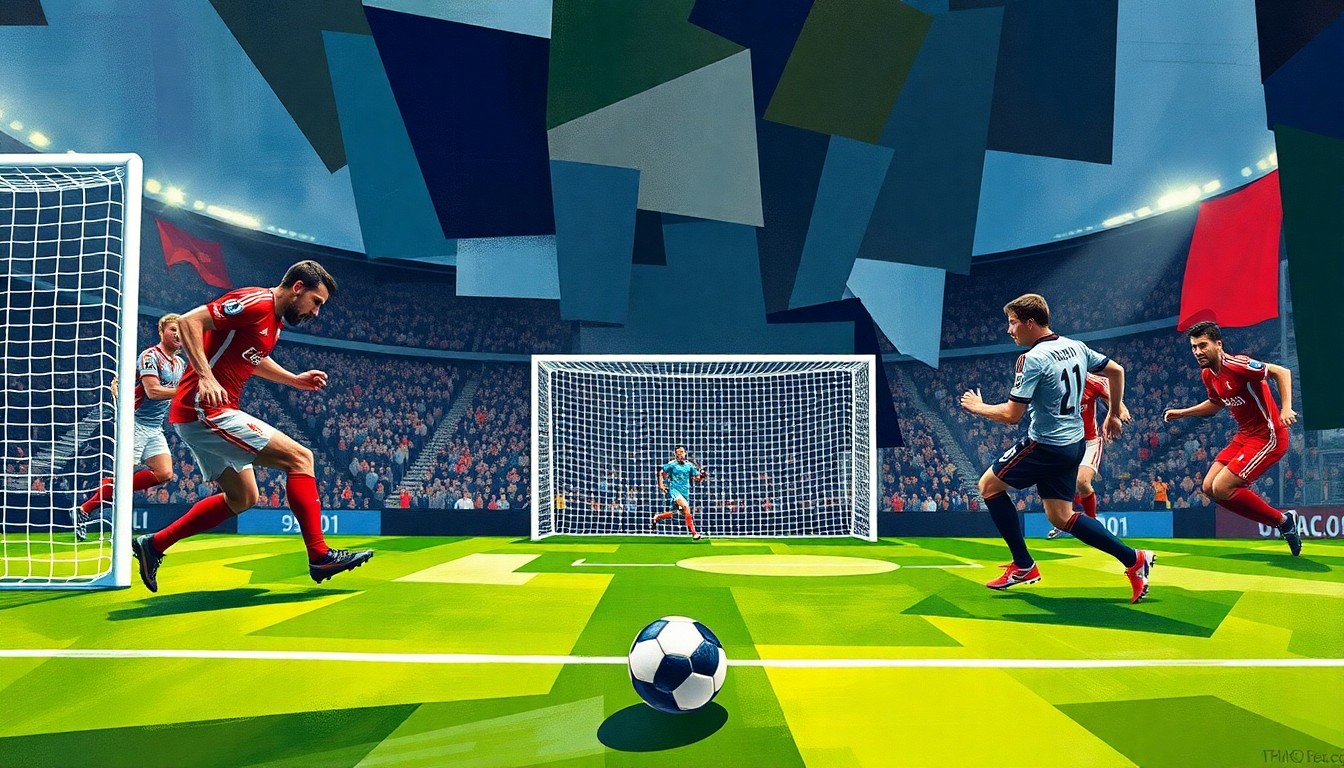 A fractured, geometric painting depicting a soccer match, with the players and field broken down into abstract shapes and planes of color, the ball and goal as the focal points.