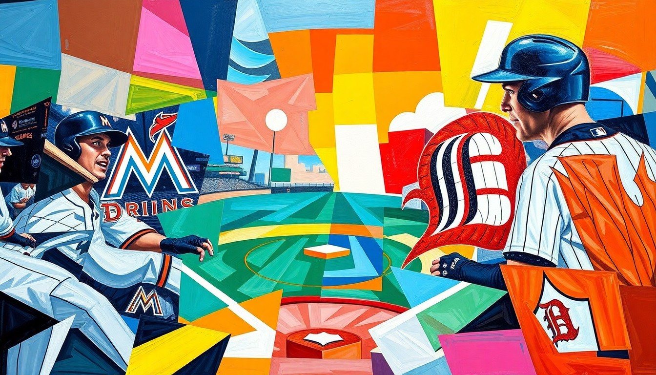 A fragmented, geometric painting depicting a baseball game or match, with sharp planes of color representing the players, field, and stadium energy, without any identifiable elements.