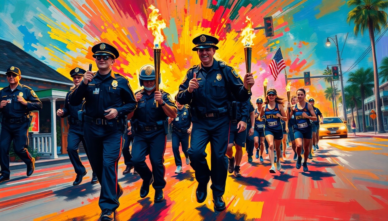 A dynamic, abstract painting in neon colors depicting the blurred motion of people carrying a torch through a town, conveying the energy and celebration of the Special Olympics torch run.