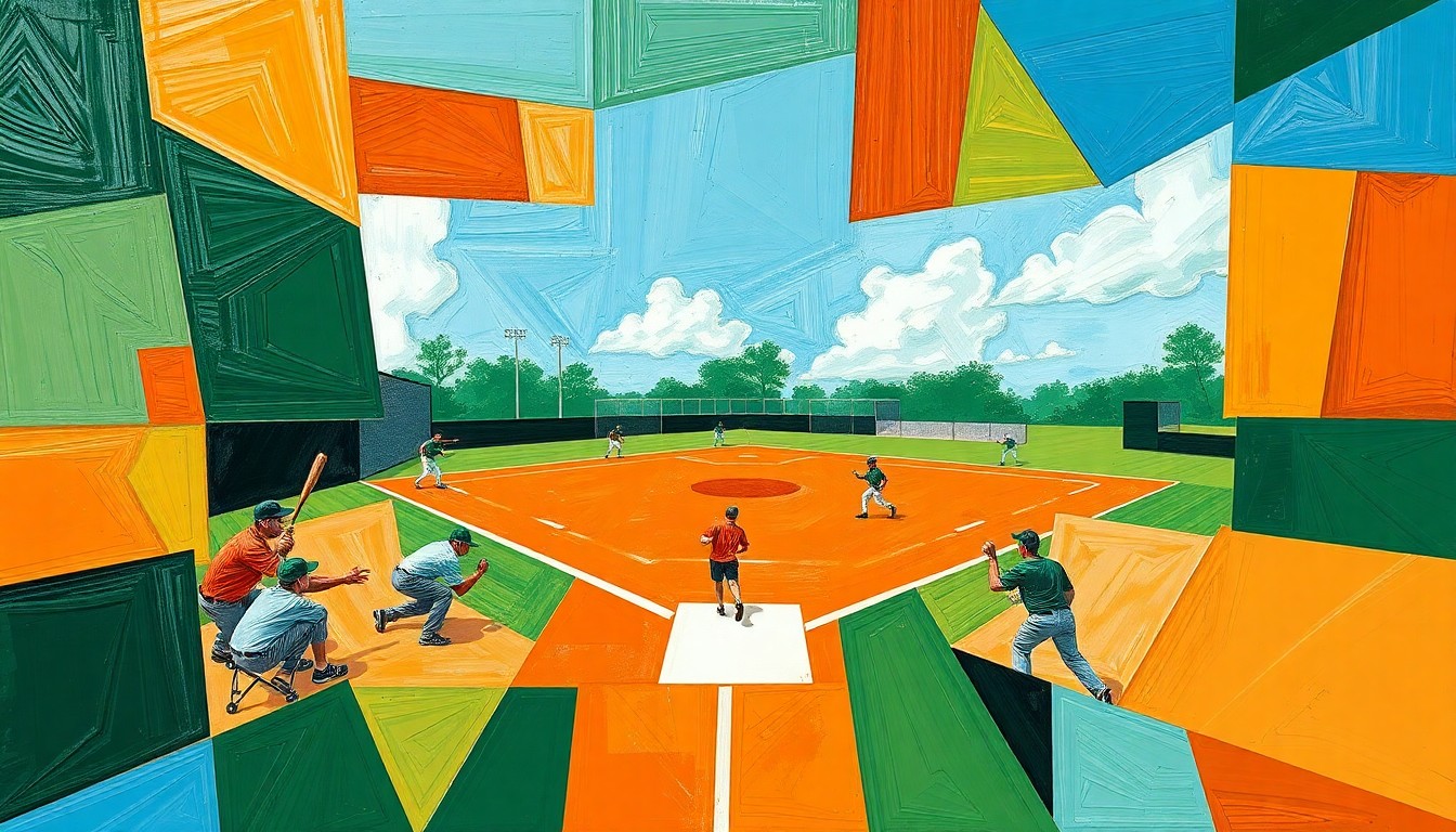 A cubist, geometric painting depicting the action of a senior softball game, with players and the field broken down into overlapping angular shapes in a vibrant color palette.
